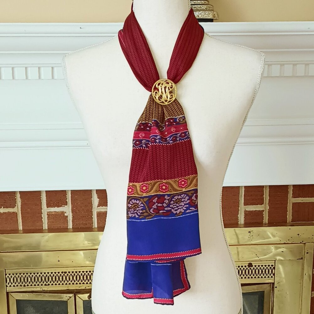 Burmel Hand Rolled Silk Scarf 50x13 Women's Oblong Red Blue Print